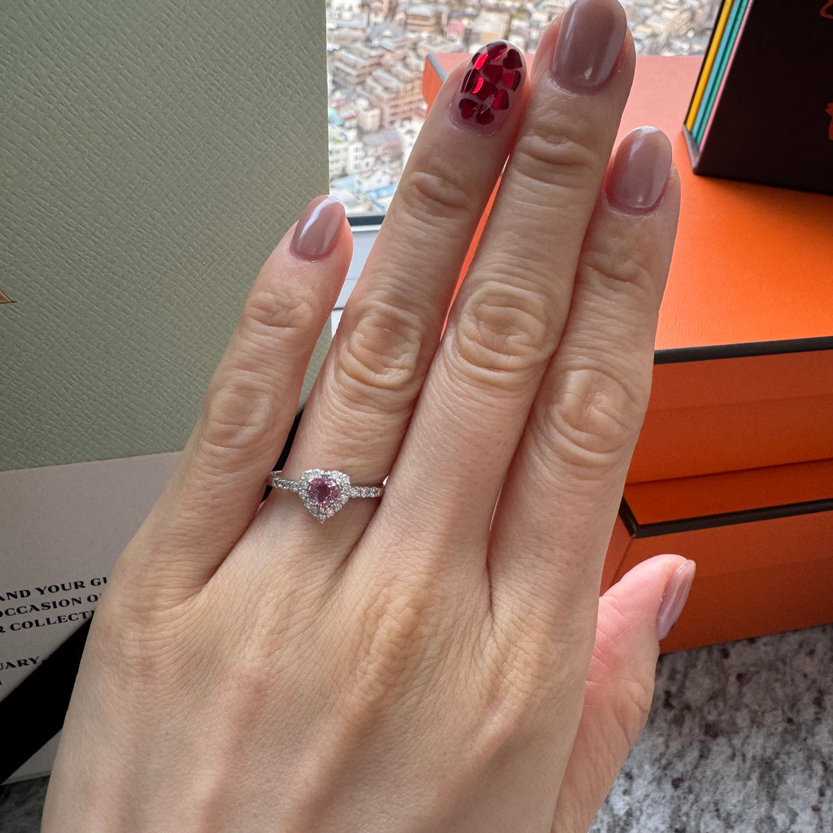 K18PG パパラチアサファイアリングハート0.348ct